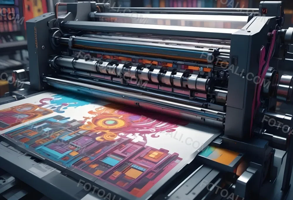 An Offset Printing Machine In Operation With Vibrant Colors And Intricate Details Set Against A Backdrop Of A Busy Print Shop 5 7049