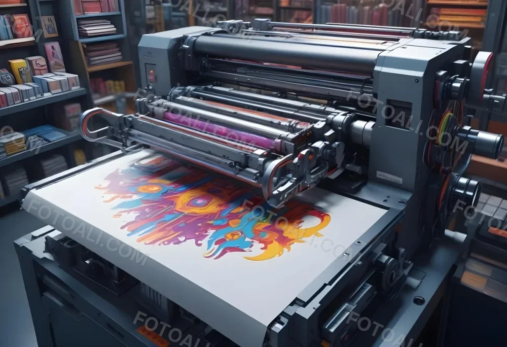 An Offset Printing Machine In Operation With Vibrant Colors And Intricate Details Set Against A Backdrop Of A Busy Print Shop 6 Fbfd