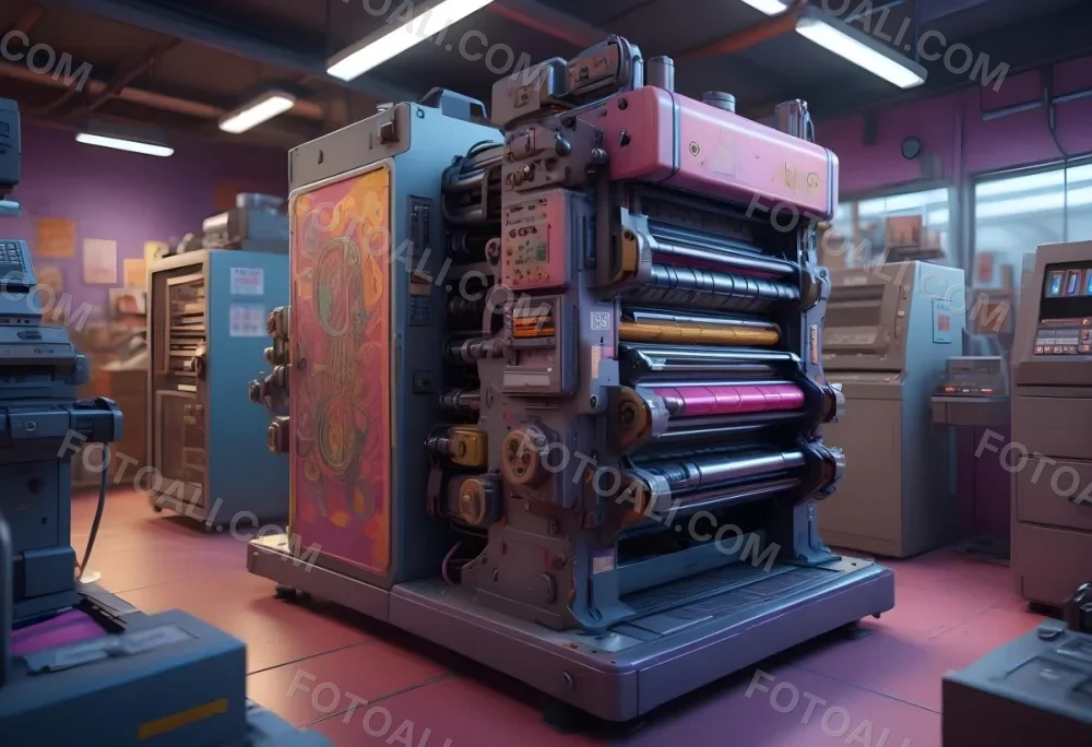 An Offset Printing Machine In Operation With Vibrant Colors And Intricate Details Set Against A Backdrop Of A Busy Print Shop 7 8b71