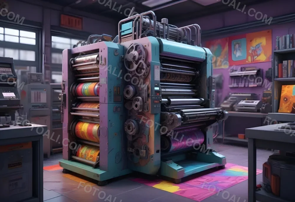 An Offset Printing Machine In Operation With Vibrant Colors And Intricate Details Set Against A Backdrop Of A Busy Print Shop 8 1e2f