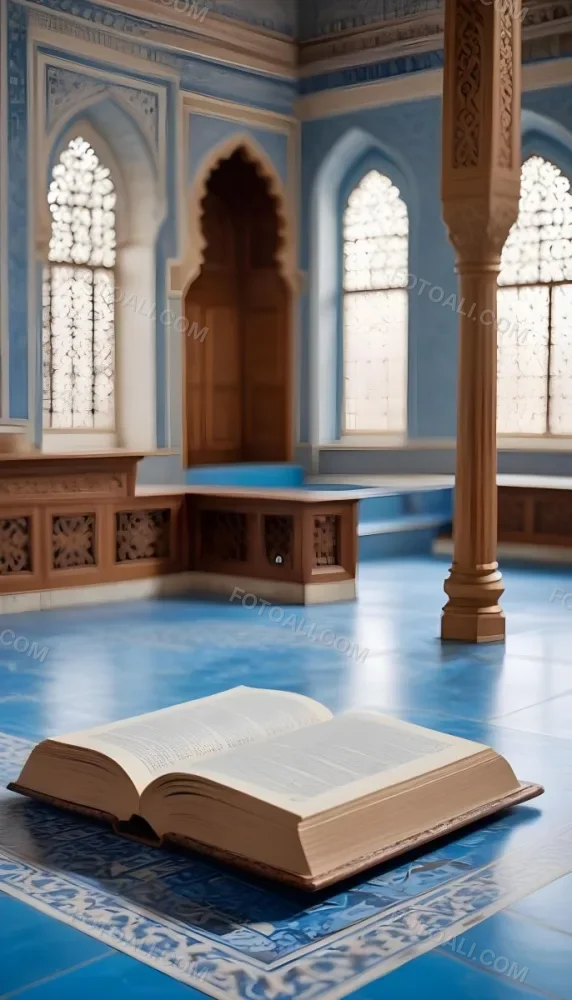 An Open Book Resting On A Wooden Stand Positioned On A Patterned Blue Floor The Background Features Blurred Architectural Elements Suggesting A Serene Indoor Space Possibly A Mosque Or A Similar Setting 11 92a8