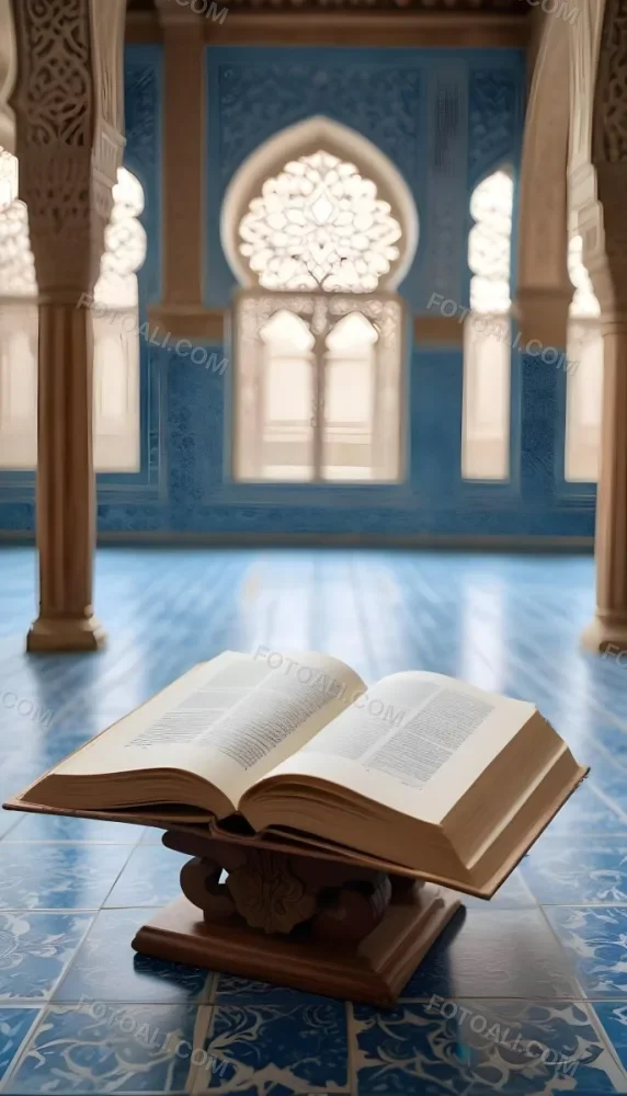 An Open Book Resting On A Wooden Stand Positioned On A Patterned Blue Floor The Background Features Blurred Architectural Elements Suggesting A Serene Indoor Space Possibly A Mosque Or A Similar Setting 12 1a1b