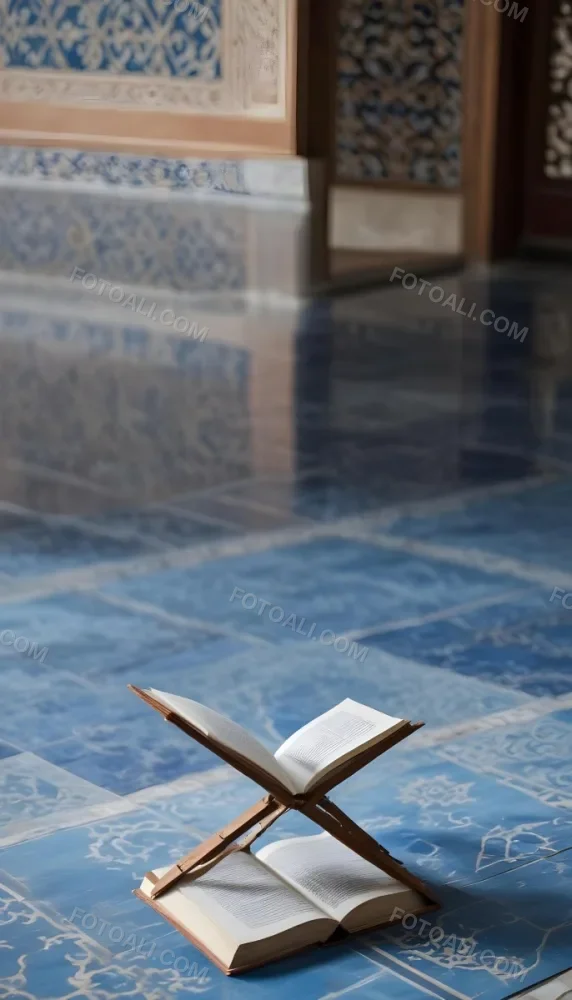 An Open Book Resting On A Wooden Stand Positioned On A Patterned Blue Floor The Background Features Blurred Architectural Elements Suggesting A Serene Indoor Space Possibly A Mosque Or A Similar Setting 14 E33c
