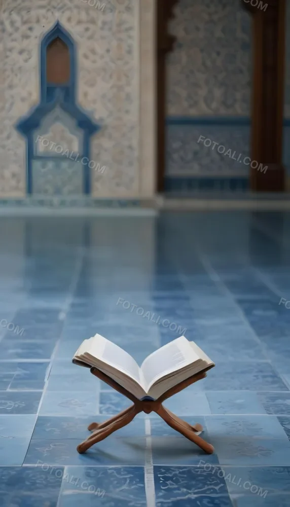 An Open Book Resting On A Wooden Stand Positioned On A Patterned Blue Floor The Background Features Blurred Architectural Elements Suggesting A Serene Indoor Space Possibly A Mosque Or A Similar Setting 17 2fdb
