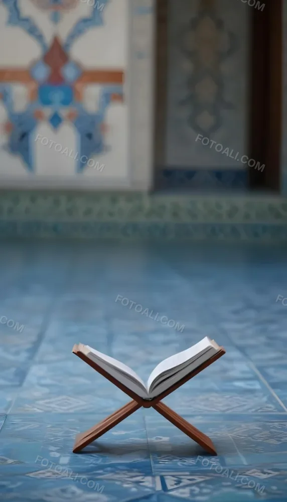 An Open Book Resting On A Wooden Stand Positioned On A Patterned Blue Floor The Background Features Blurred Architectural Elements Suggesting A Serene Indoor Space Possibly A Mosque Or A Similar Setting 18 5b6d