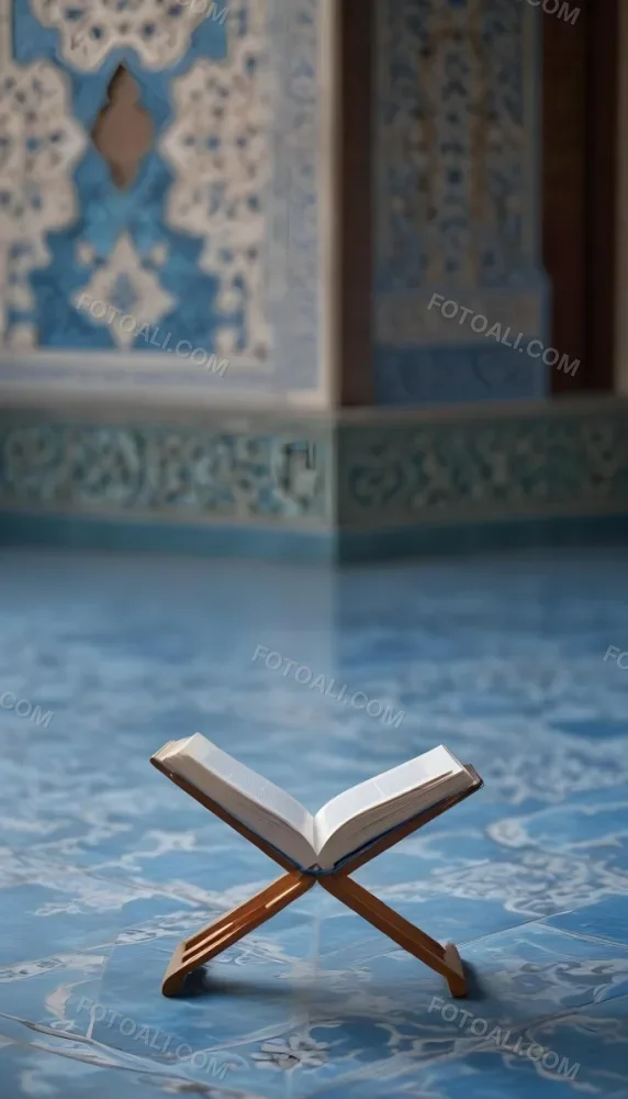 An Open Book Resting On A Wooden Stand Positioned On A Patterned Blue Floor The Background Features Blurred Architectural Elements Suggesting A Serene Indoor Space Possibly A Mosque Or A Similar Setting 19 49f6