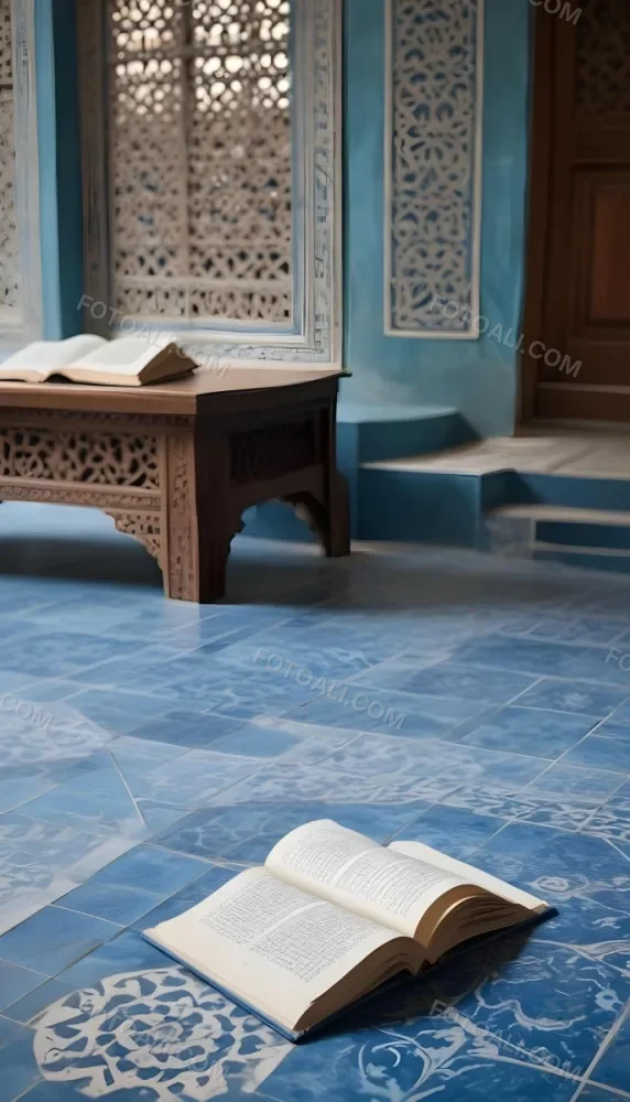 An Open Book Resting On A Wooden Stand Positioned On A Patterned Blue Floor The Background Features Blurred Architectural Elements Suggesting A Serene Indoor Space Possibly A Mosque Or A Similar Setting 2 Bead