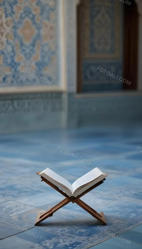 An Open Book Resting On A Wooden Stand Positioned On A Patterned Blue Floor The Background Features Blurred Architectural Elements Suggesting A Serene Indoor Space Possibly A Mosque Or A Similar Setting 20 Fb9e