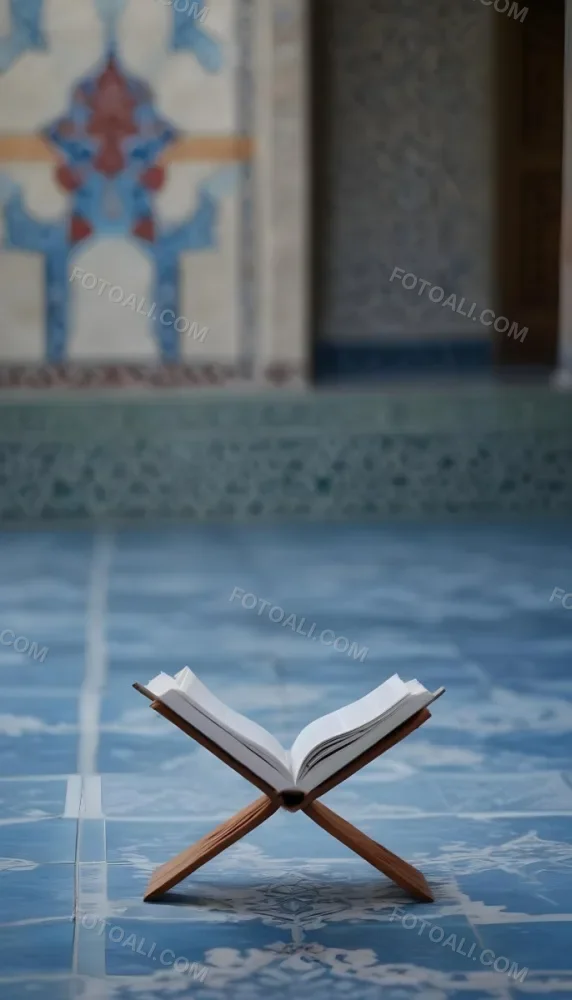 An Open Book Resting On A Wooden Stand Positioned On A Patterned Blue Floor The Background Features Blurred Architectural Elements Suggesting A Serene Indoor Space Possibly A Mosque Or A Similar Setting 22 7896