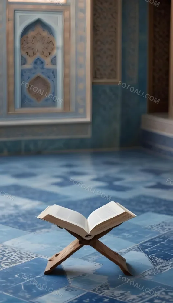 An Open Book Resting On A Wooden Stand Positioned On A Patterned Blue Floor The Background Features Blurred Architectural Elements Suggesting A Serene Indoor Space Possibly A Mosque Or A Similar Setting 3 C9dd
