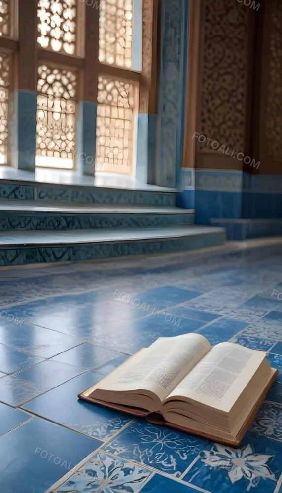 An Open Book Resting On A Wooden Stand Positioned On A Patterned Blue Floor The Background Features Blurred Architectural Elements Suggesting A Serene Indoor Space Possibly A Mosque Or A Similar Setting 4 B705