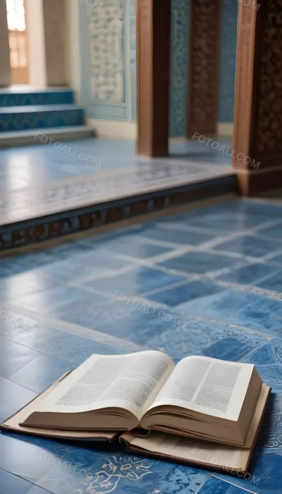 An Open Book Resting On A Wooden Stand Positioned On A Patterned Blue Floor The Background Features Blurred Architectural Elements Suggesting A Serene Indoor Space Possibly A Mosque Or A Similar Setting 5 C010
