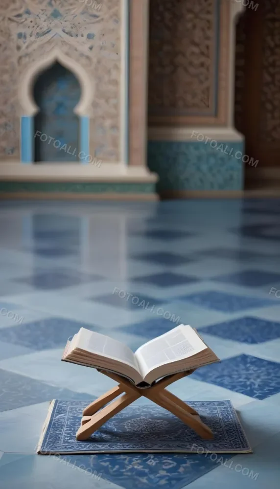 An Open Book Resting On A Wooden Stand Positioned On A Patterned Blue Floor The Background Features Blurred Architectural Elements Suggesting A Serene Indoor Space Possibly A Mosque Or A Similar Setting 6 7faf