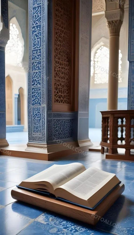 An Open Book Resting On A Wooden Stand Positioned On A Patterned Blue Floor The Background Features Blurred Architectural Elements Suggesting A Serene Indoor Space Possibly A Mosque Or A Similar Setting 7 2b27