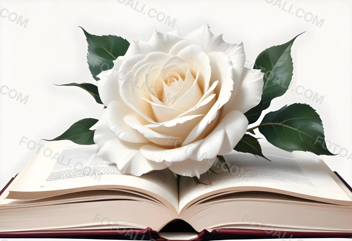 An Open Book With A White Rose On Top White Background 15 7b54