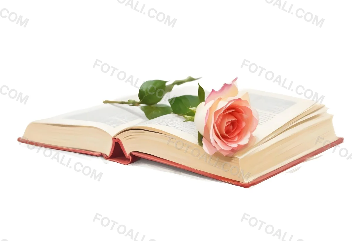 An Open Book With A White Rose On Top White Background 20 75c9