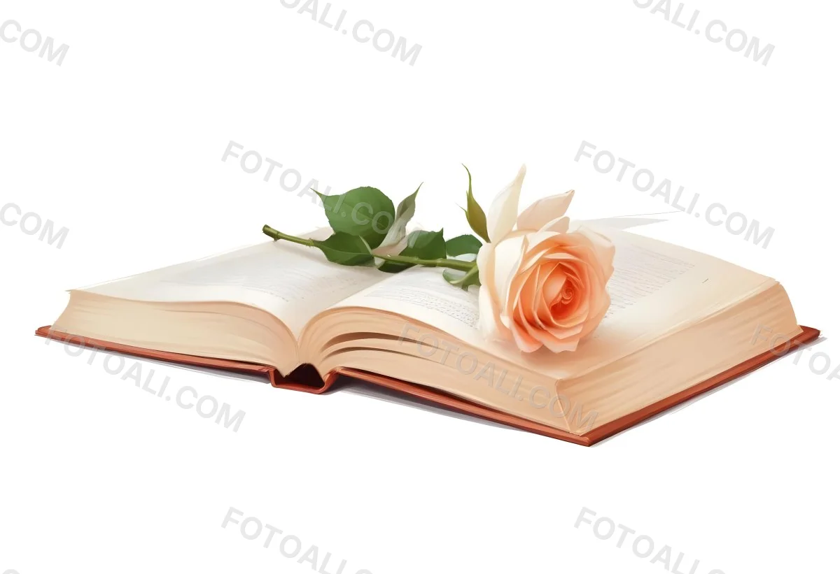 An Open Book With A White Rose On Top White Background 24 Bf8b