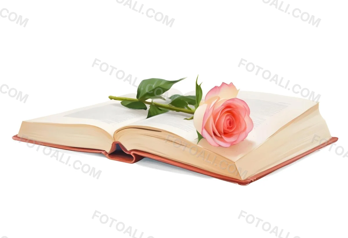 An Open Book With A White Rose On Top White Background 27 75bb