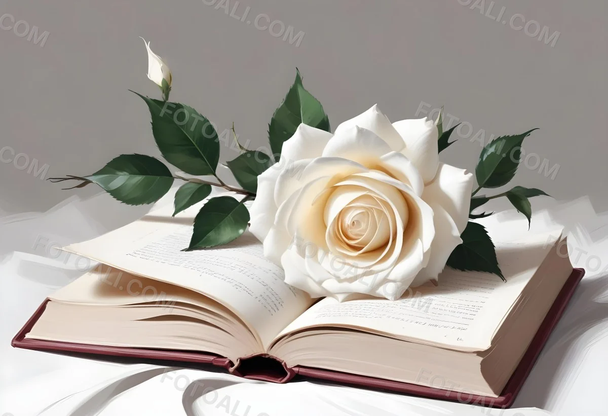 An Open Book With A White Rose On Top White Background 3 E817
