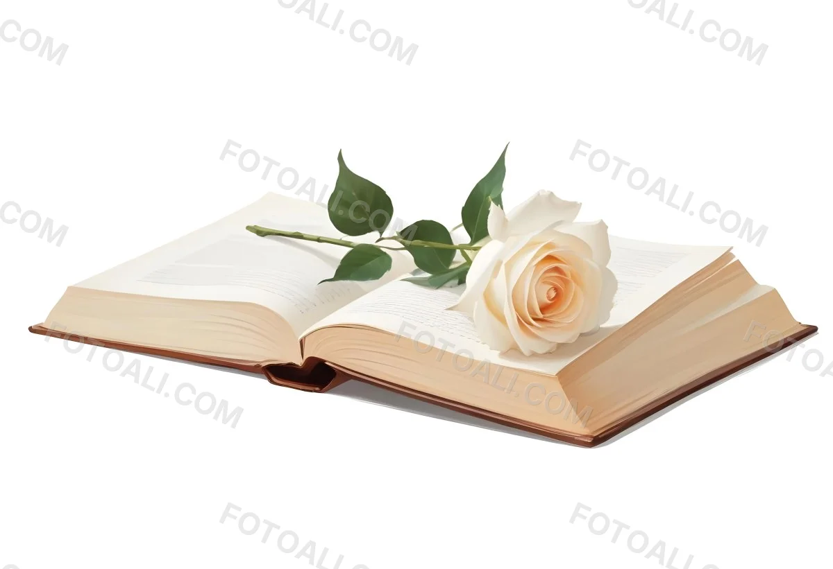An Open Book With A White Rose On Top White Background 30 E760