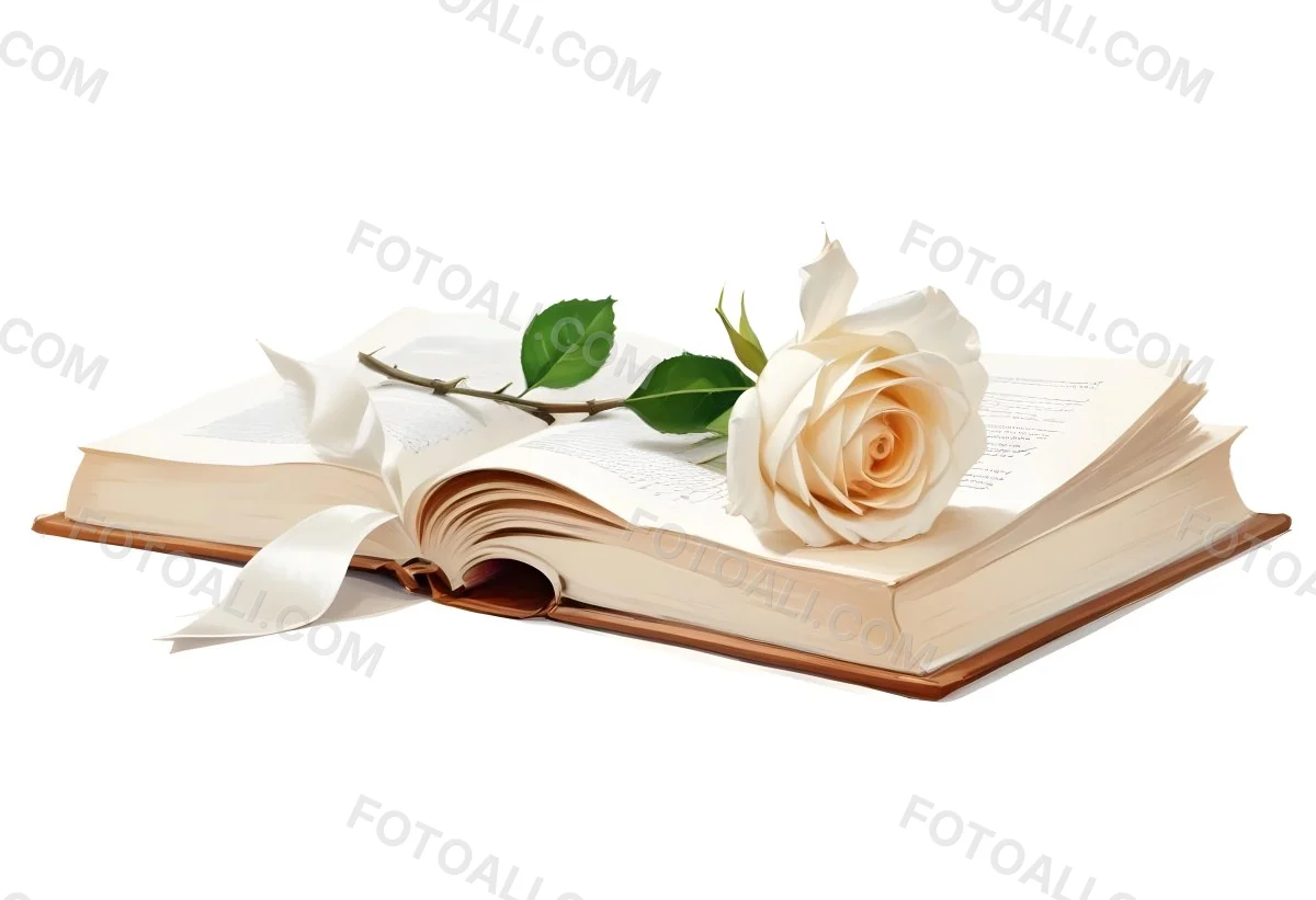 An Open Book With A White Rose On Top White Background 32 4f74