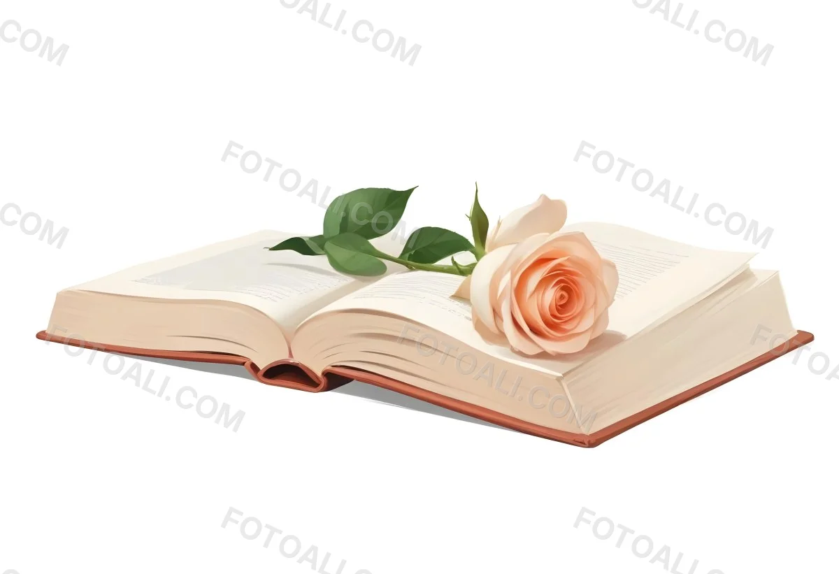 An Open Book With A White Rose On Top White Background 34 132a