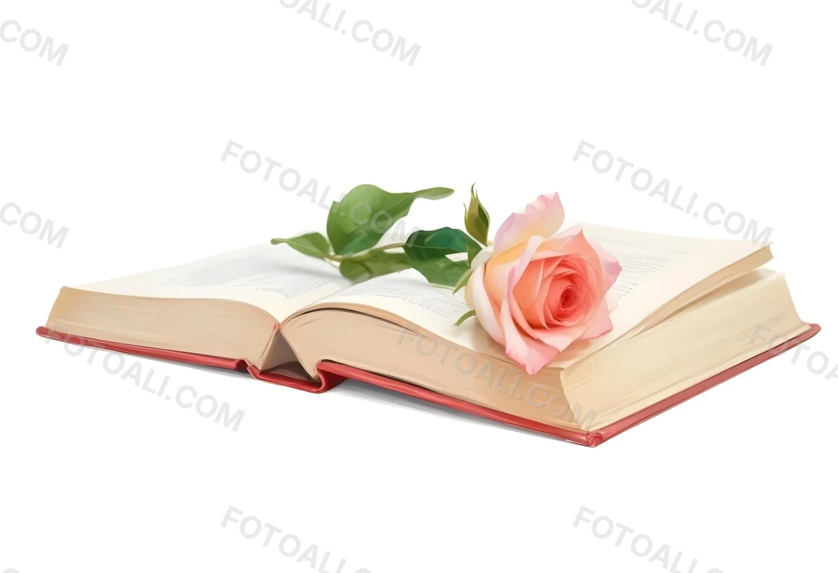 An Open Book With A White Rose On Top White Background 39 F7ab