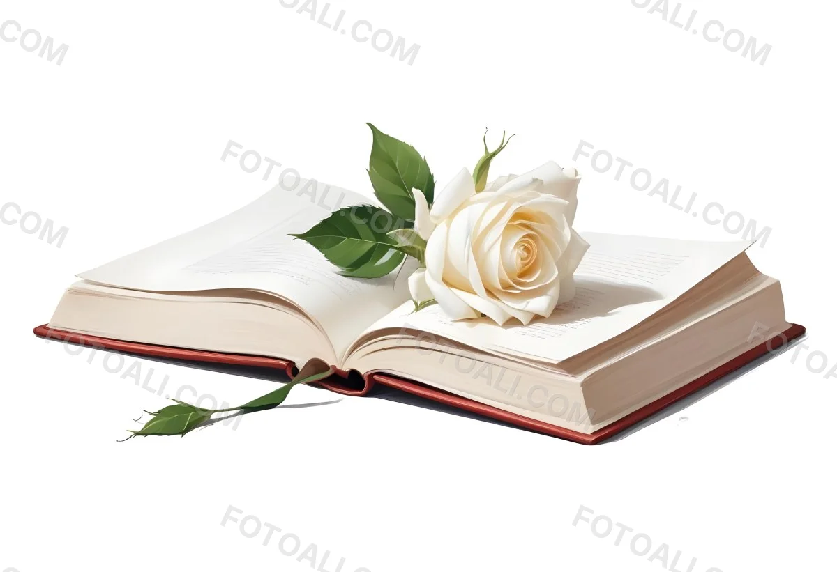 An Open Book With A White Rose On Top White Background 4 79c4
