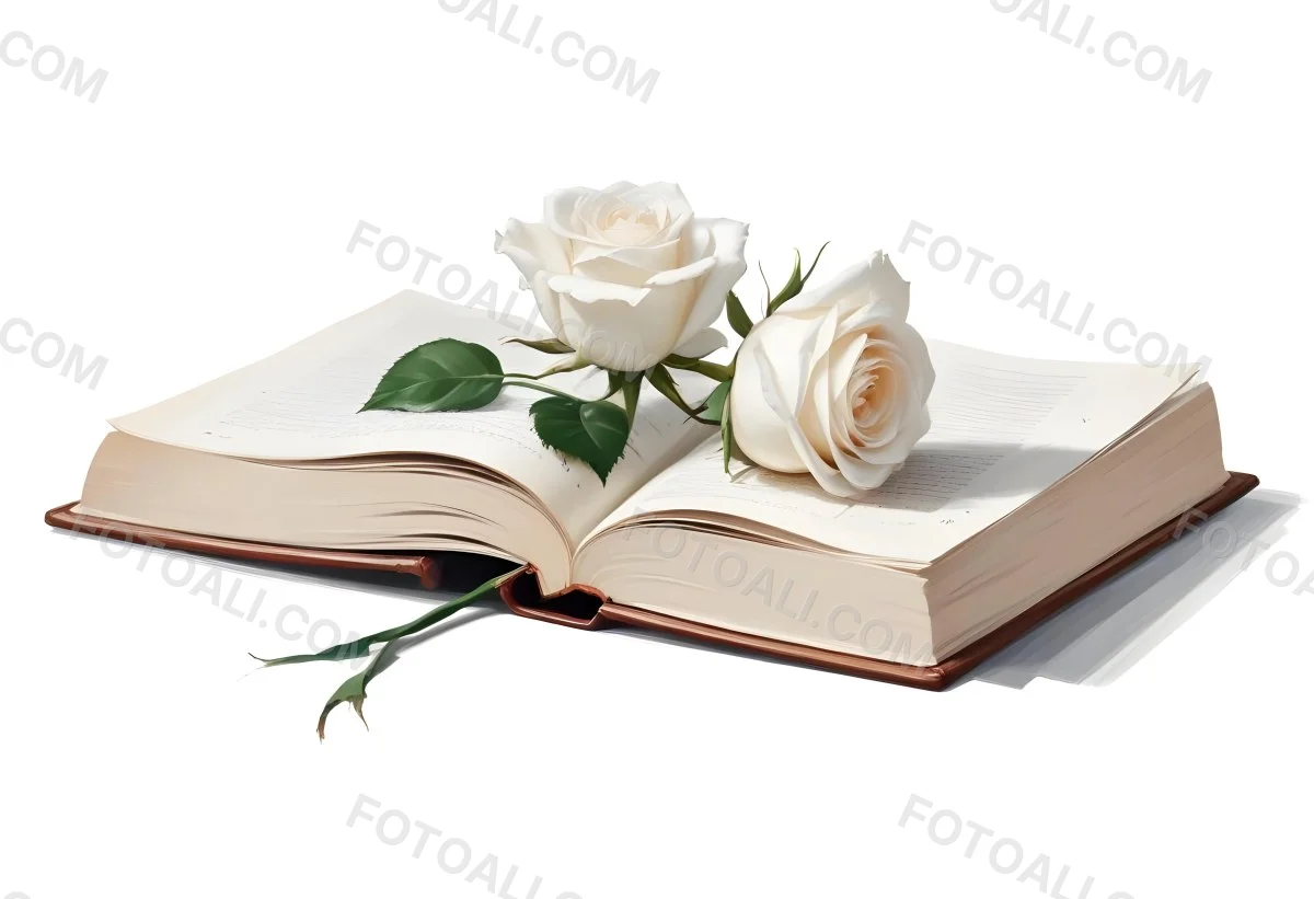 An Open Book With A White Rose On Top White Background 5 5d74