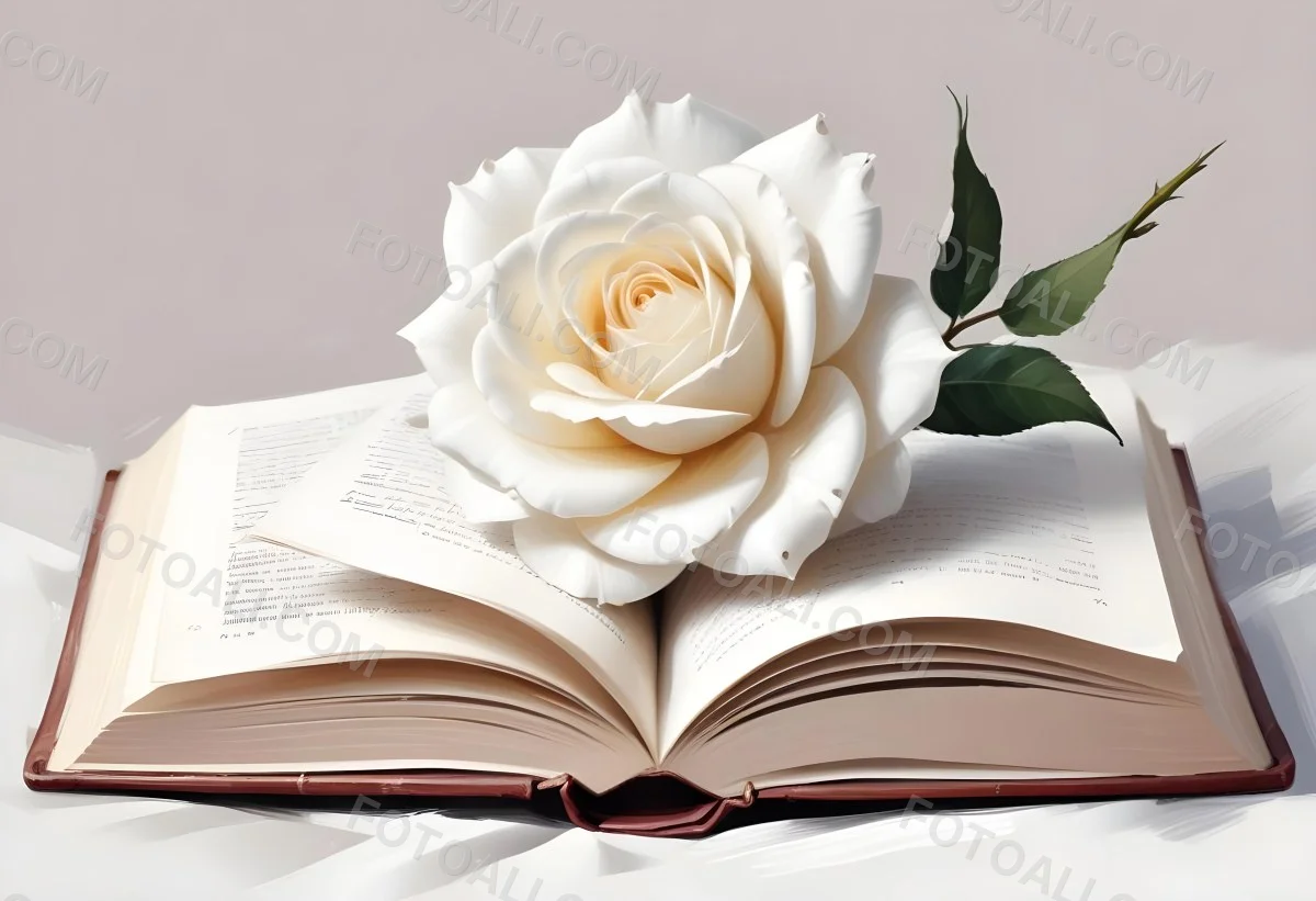 An Open Book With A White Rose On Top White Background 6 Dc85