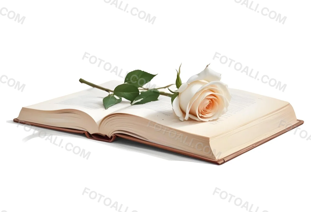 An Open Book With A White Rose On Top White Background 9 1607