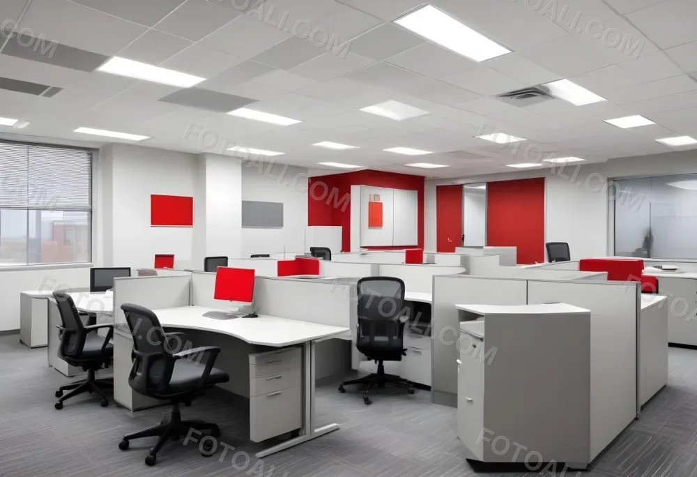 An Open Office Space With Desks Desks And Chairs The Walls Are Painted In A Combination Of Red And Gray Colors And The Ceiling Has Recessed Lighting Fixtures The Overall Style Appears To Be A M 1 A779
