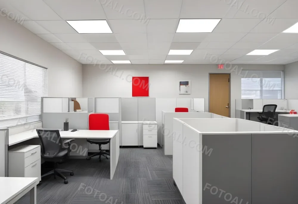 An Open Office Space With Desks Desks And Chairs The Walls Are Painted In A Combination Of Red And Gray Colors And The Ceiling Has Recessed Lighting Fixtures The Overall Style Appears To Be A M 10 4d87