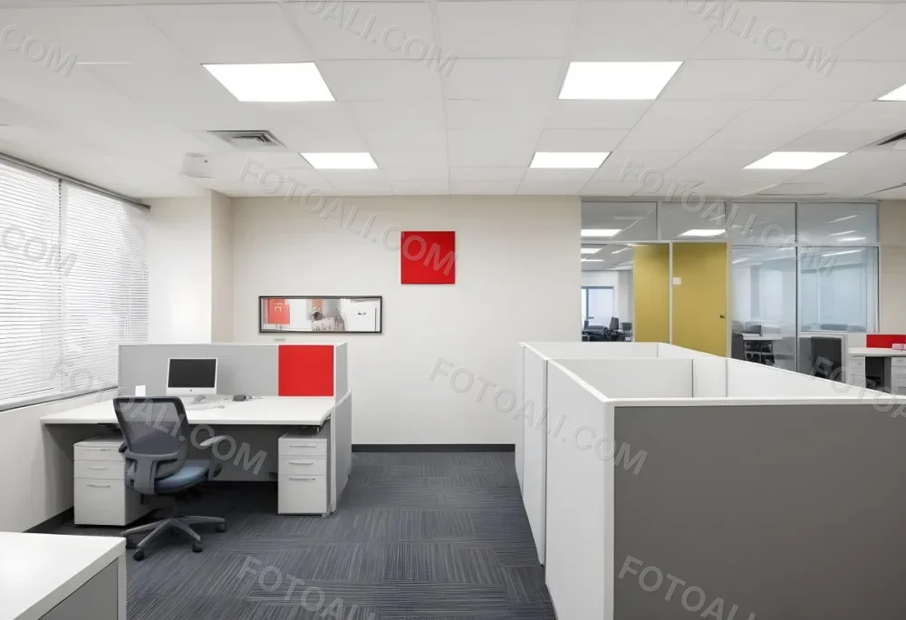 An Open Office Space With Desks Desks And Chairs The Walls Are Painted In A Combination Of Red And Gray Colors And The Ceiling Has Recessed Lighting Fixtures The Overall Style Appears To Be A M 15 2225