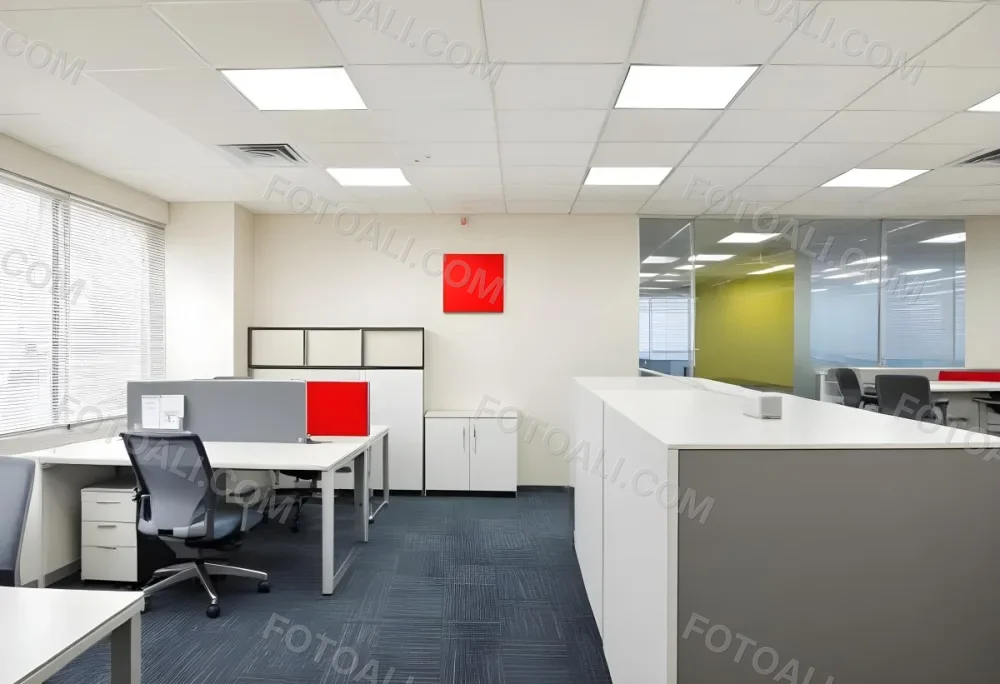 An Open Office Space With Desks Desks And Chairs The Walls Are Painted In A Combination Of Red And Gray Colors And The Ceiling Has Recessed Lighting Fixtures The Overall Style Appears To Be A M 16 Ed21