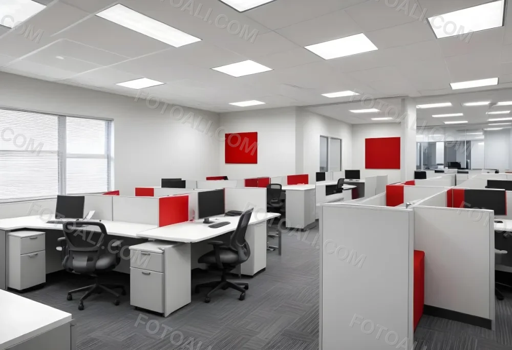 An Open Office Space With Desks Desks And Chairs The Walls Are Painted In A Combination Of Red And Gray Colors And The Ceiling Has Recessed Lighting Fixtures The Overall Style Appears To Be A M 3 8472