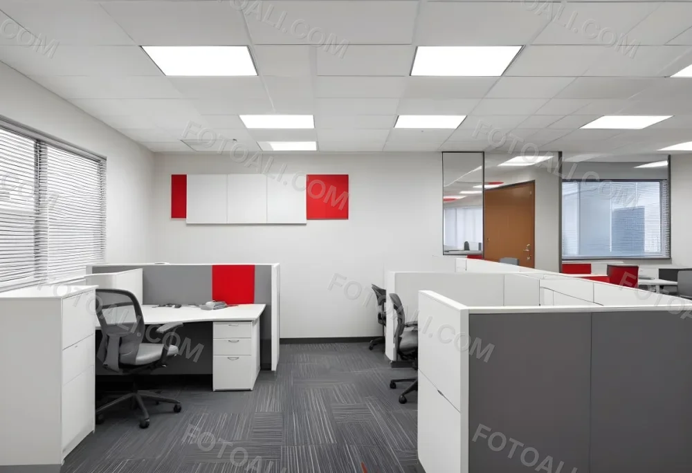 An Open Office Space With Desks Desks And Chairs The Walls Are Painted In A Combination Of Red And Gray Colors And The Ceiling Has Recessed Lighting Fixtures The Overall Style Appears To Be A M 4 4b94