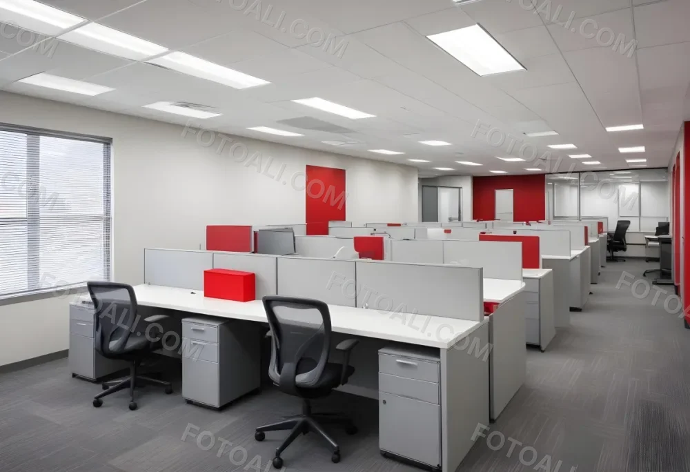 An Open Office Space With Desks Desks And Chairs The Walls Are Painted In A Combination Of Red And Gray Colors And The Ceiling Has Recessed Lighting Fixtures The Overall Style Appears To Be A M 6 70a5