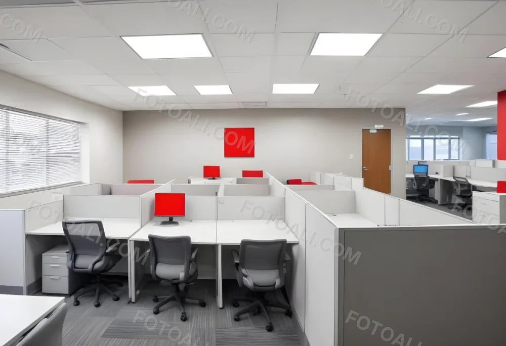 An Open Office Space With Desks Desks And Chairs The Walls Are Painted In A Combination Of Red And Gray Colors And The Ceiling Has Recessed Lighting Fixtures The Overall Style Appears To Be A M 8 9632