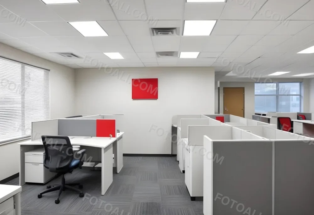 An Open Office Space With Desks Desks And Chairs The Walls Are Painted In A Combination Of Red And Gray Colors And The Ceiling Has Recessed Lighting Fixtures The Overall Style Appears To Be A M 9 C9c0
