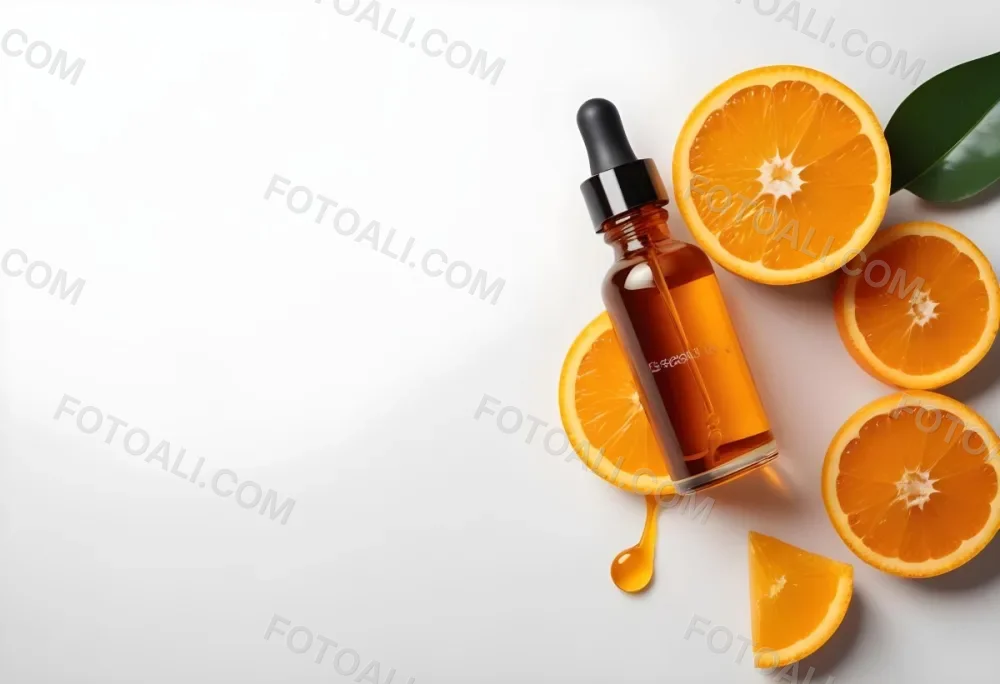 An Orange Bottle Of Facial Oil Serum With A Dropper Surrounded By Sliced Oranges On A White Background 1 Fa92