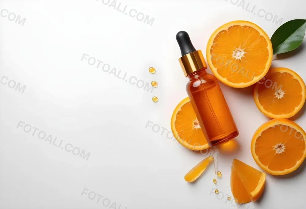 An Orange Bottle Of Facial Oil Serum With A Dropper Surrounded By Sliced Oranges On A White Background 13 2253