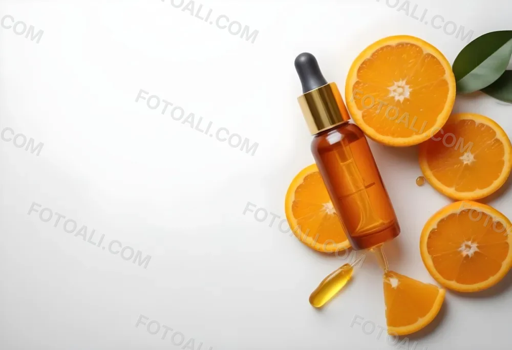An Orange Bottle Of Facial Oil Serum With A Dropper Surrounded By Sliced Oranges On A White Background 18 2698