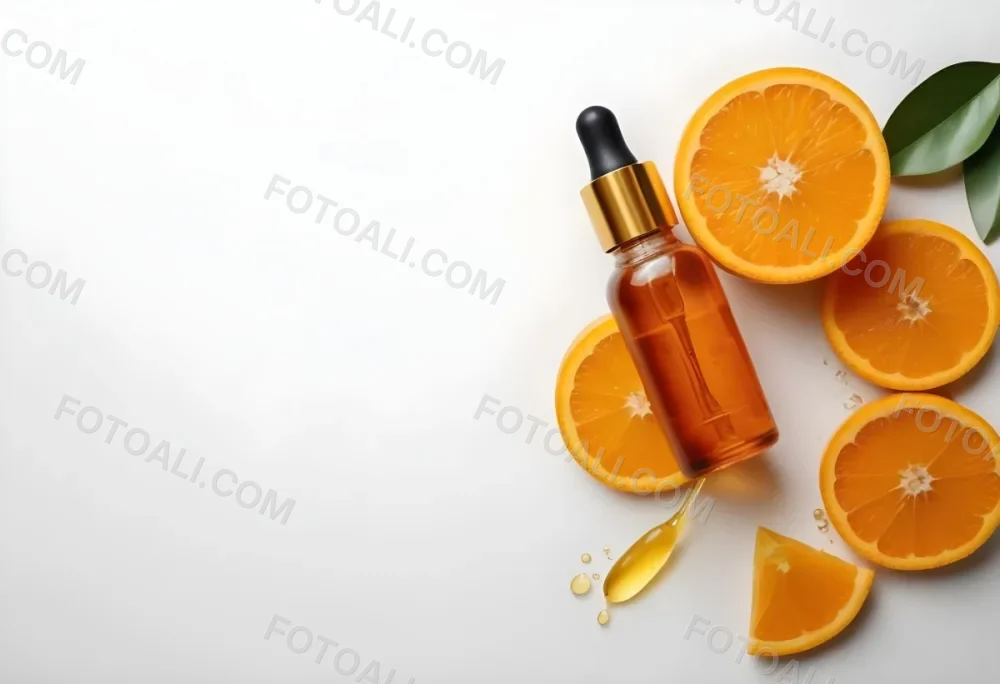 An Orange Bottle Of Facial Oil Serum With A Dropper Surrounded By Sliced Oranges On A White Background 19 F6f2