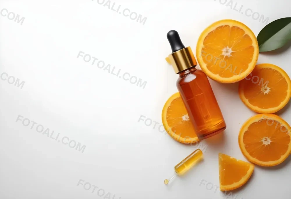 An Orange Bottle Of Facial Oil Serum With A Dropper Surrounded By Sliced Oranges On A White Background 21 873a