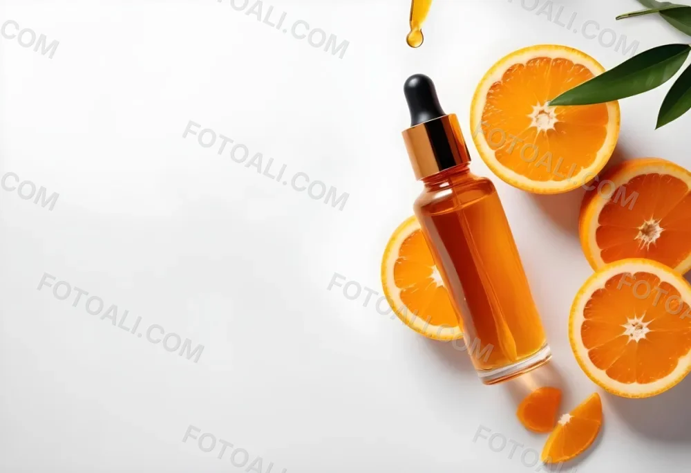 An Orange Bottle Of Facial Oil Serum With A Dropper Surrounded By Sliced Oranges On A White Background 22 Aeaf