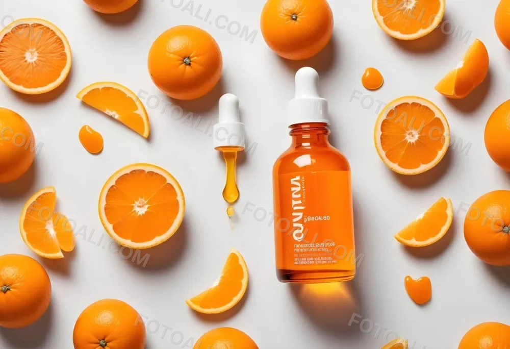 An Orange Bottle Of Facial Oil Serum With A Dropper Surrounded By Sliced Oranges On A White Background 27 952a