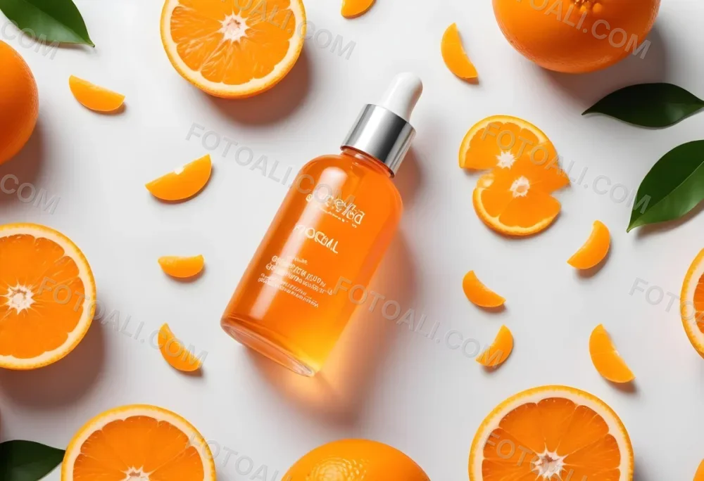 An Orange Bottle Of Facial Oil Serum With A Dropper Surrounded By Sliced Oranges On A White Background 28 745e