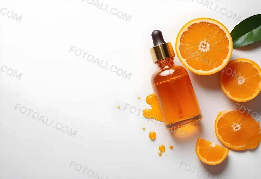 An Orange Bottle Of Facial Oil Serum With A Dropper Surrounded By Sliced Oranges On A White Background 29 F6ad