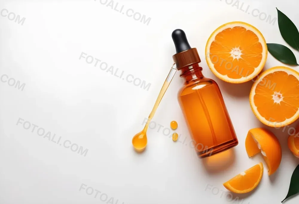 An Orange Bottle Of Facial Oil Serum With A Dropper Surrounded By Sliced Oranges On A White Background 3 B604